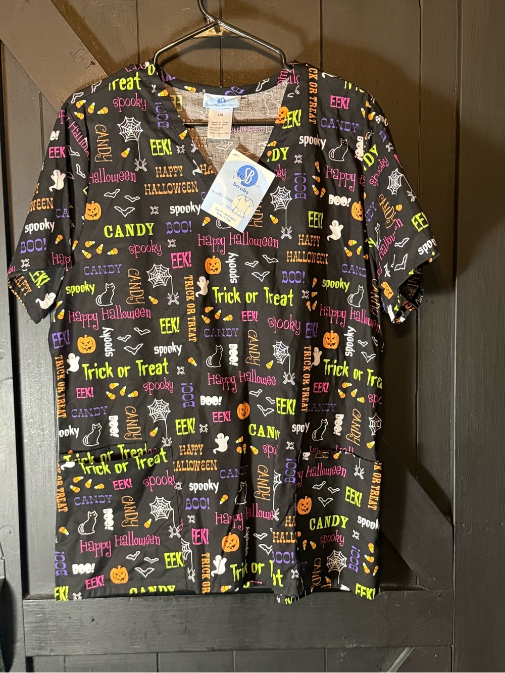 Smart Scrubs Black Halloween Print Scrub Top with Multicolor Text and Icons